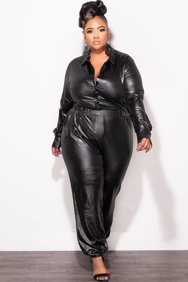 Modern Relaxed AntibacterialCoating Final Sale Plus Size 2pc Faux Leather Button Up Collar Top and Pants Set in Black