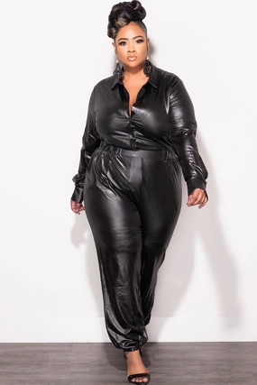 Modern Relaxed AntibacterialCoating Final Sale Plus Size 2pc Faux Leather Button Up Collar Top and Pants Set in Black