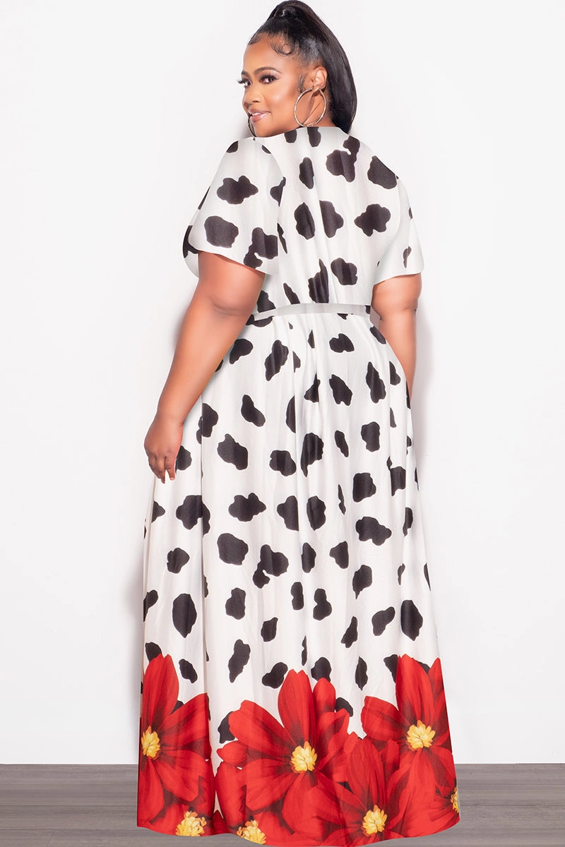 Final Sale Plus Size 2pc (Faux Wrap Crop Tie Top & Skirt) Set in Black & White with Red Floral Print ResilientElasticBand