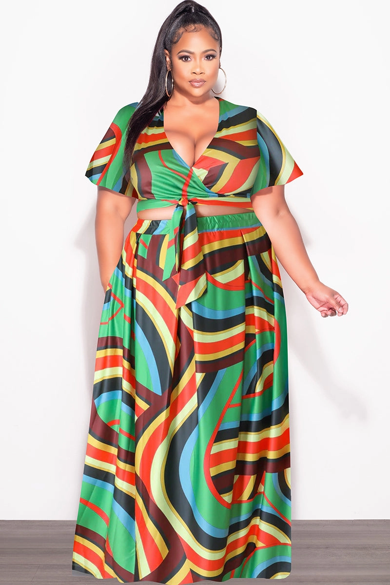 Hygienic Coating Final Sale Plus Size 2pc (Faux Wrap Crop Tie Top & Skirt) Set in Green Multi Color