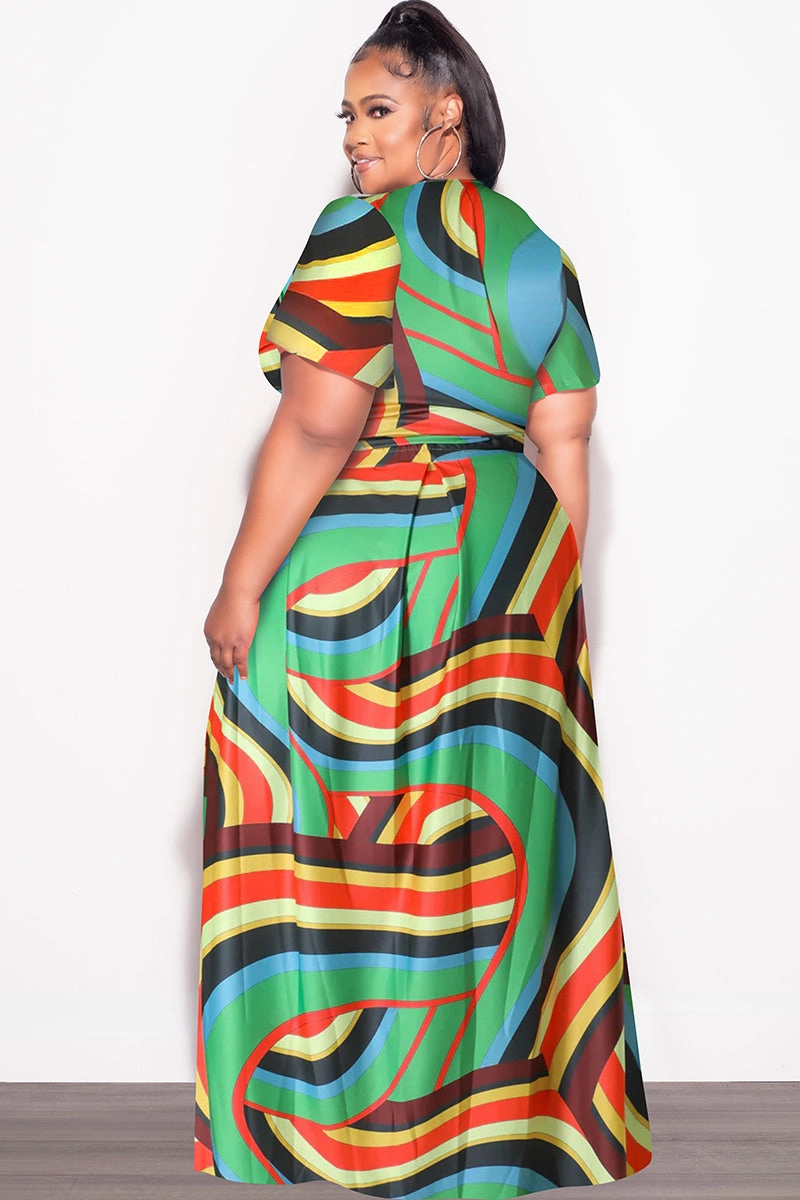 Performance Design Flexible Fabric Final Sale Plus Size 2pc (Faux Wrap Crop Tie Top & Skirt) Set in Green Multi Color