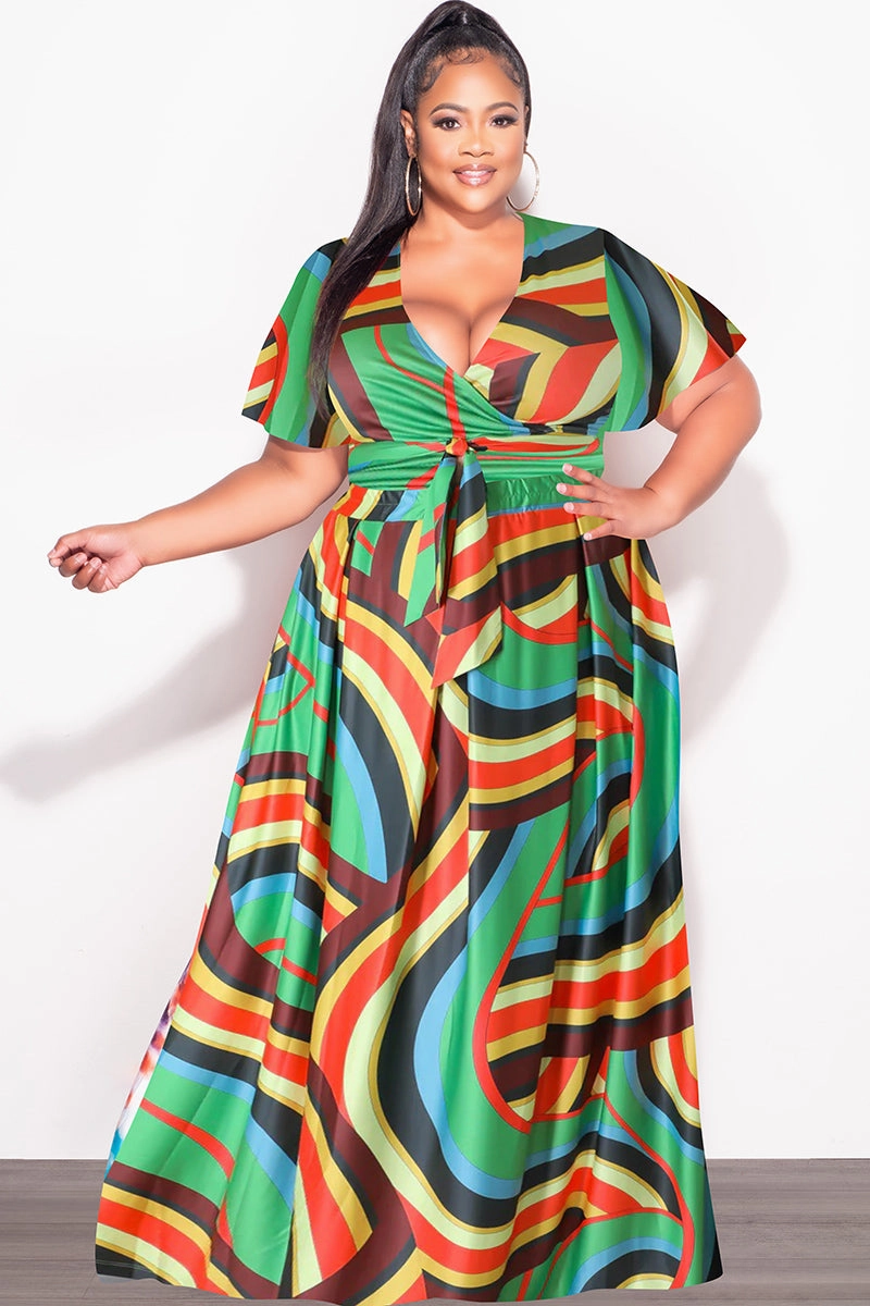 Casual Fit Design Workout-ready Final Sale Plus Size 2pc (Faux Wrap Crop Tie Top & Skirt) Set in Green Multi Color