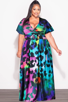 Final Sale Plus Size 2pc (Faux Wrap Crop Tie Top & Skirt) Set in Multi Color Animal Print Weekend Adventure