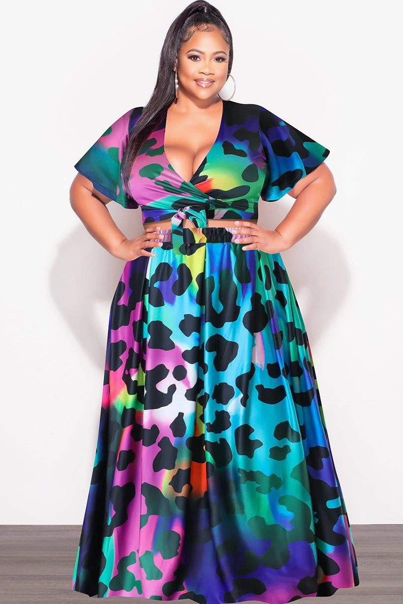 Final Sale Plus Size 2pc (Faux Wrap Crop Tie Top & Skirt) Set in Multi Color Animal Print Body Ready Durable Utility