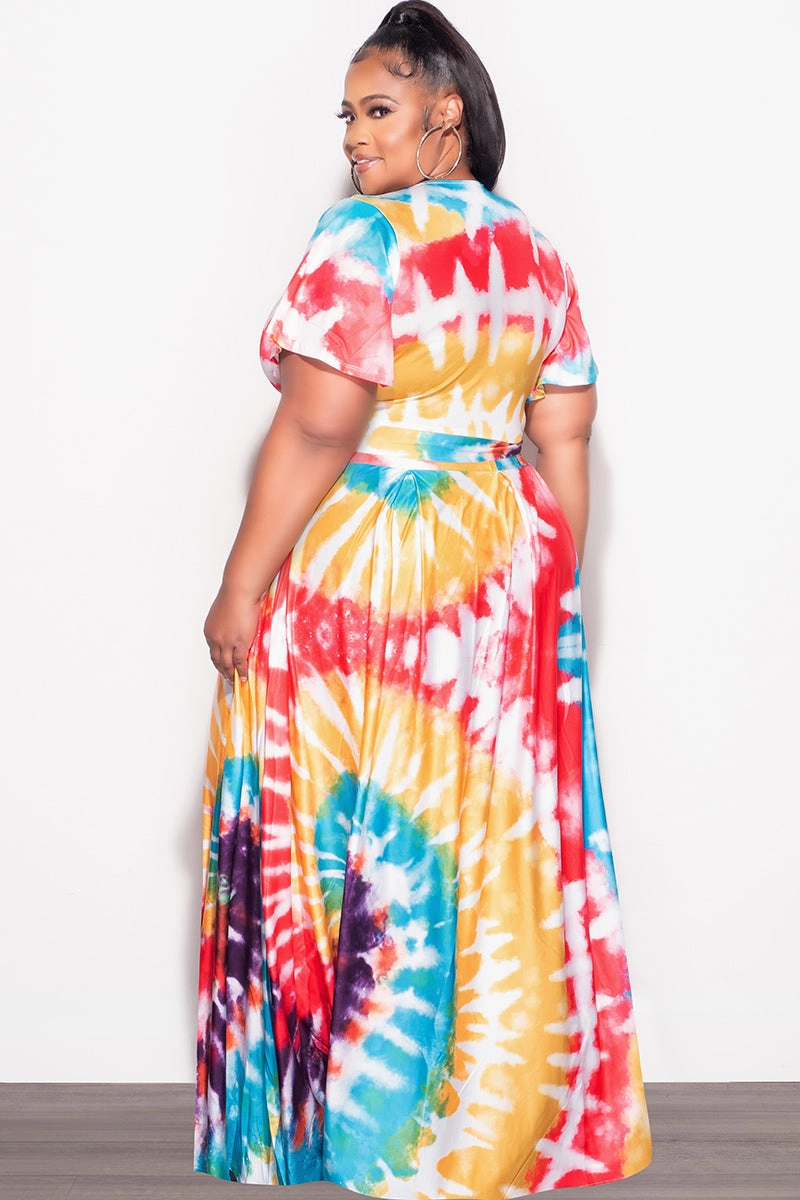 Final Sale Plus Size 2pc (Faux Wrap Crop Tie Top & Skirt) Set in Red /Purple Multi Tie Dye Breathable Wearable