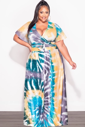 Final Sale Plus Size 2pc (Faux Wrap Crop Tie Top & Skirt) Set in Teal / Mustard Tie Dye Print Easy Wear