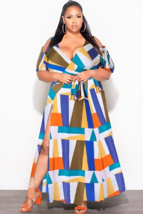 Outdoor Flex Final Sale Plus Size 2pc Faux Wrap Crop Tie Top and Double Slit Skirt Set in Multi Color Design Print