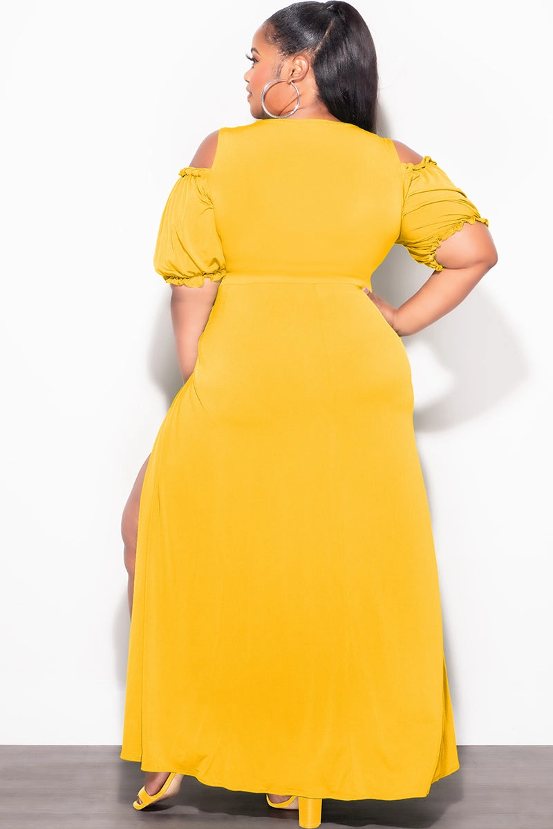 Stretchable Comfort Work Flex Final Sale Plus Size 2pc Faux Wrap Crop Tie Top And Double Slit Skirt Set in Mustard