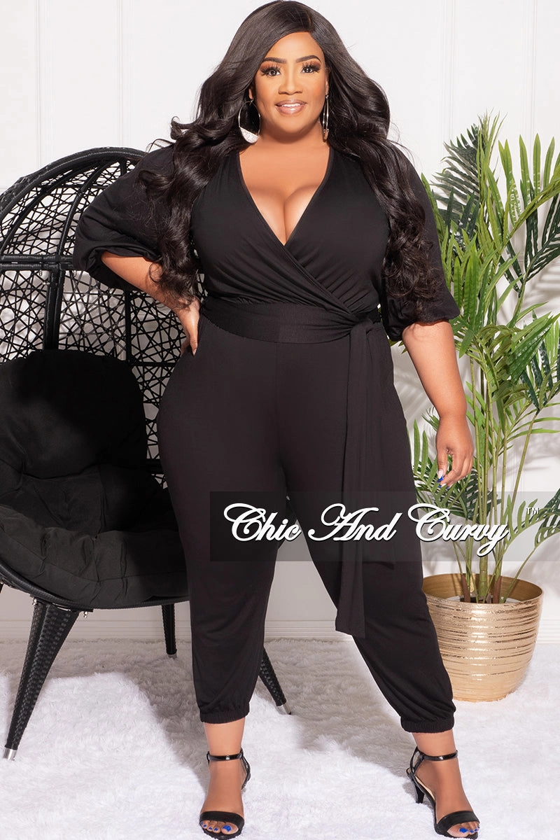 Final Sale Plus Size 2pc Faux Wrap Tie Top and Pants Set in Black All Day Comfort