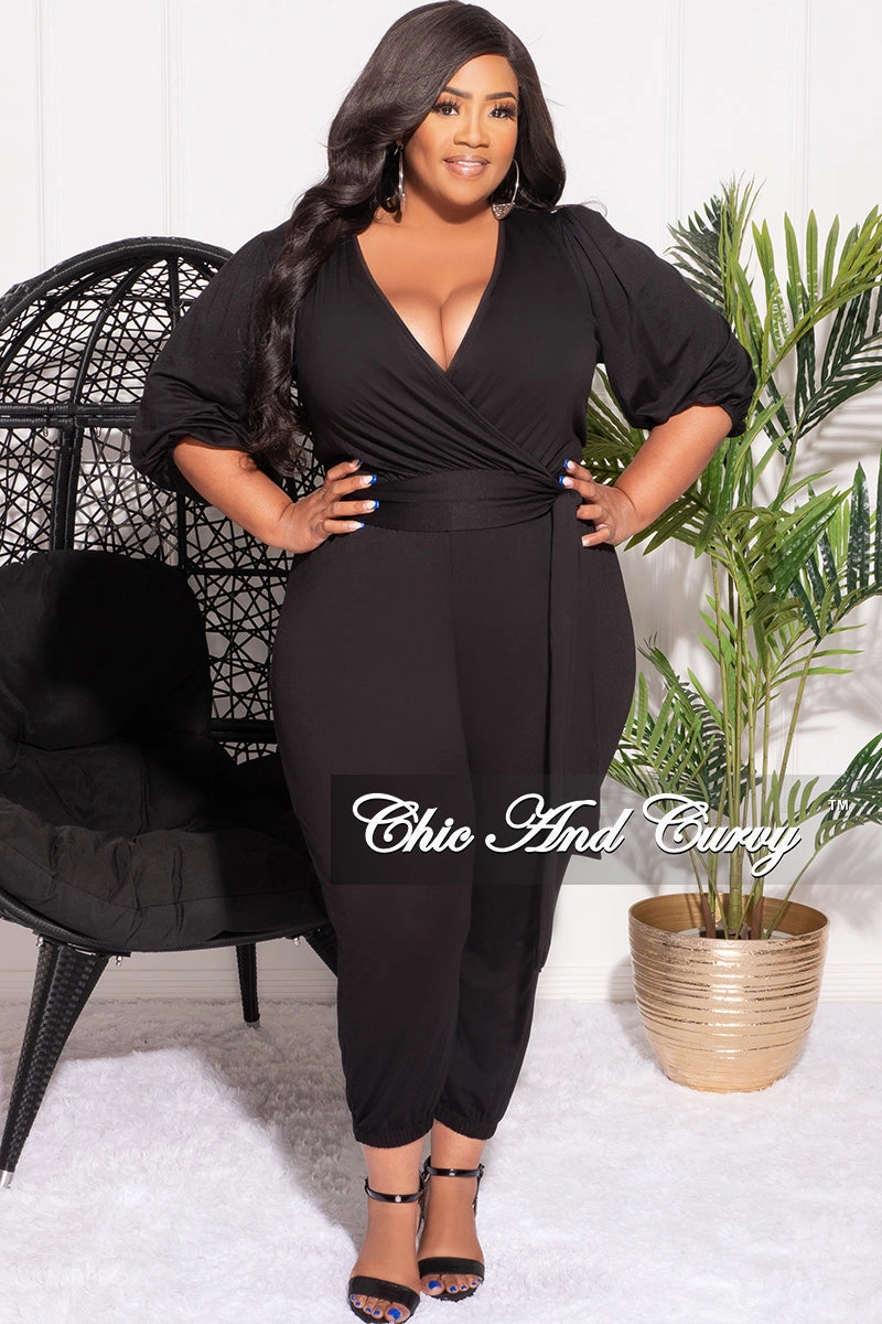 Final Sale Plus Size 2pc Faux Wrap Tie Top and Pants Set in Black Slim wear Perfect Silhouette