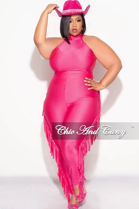 Final Sale Plus Size 2pc Fringe Legging Set with Crop Top in Fuchsia Ripstop Fabric Technology