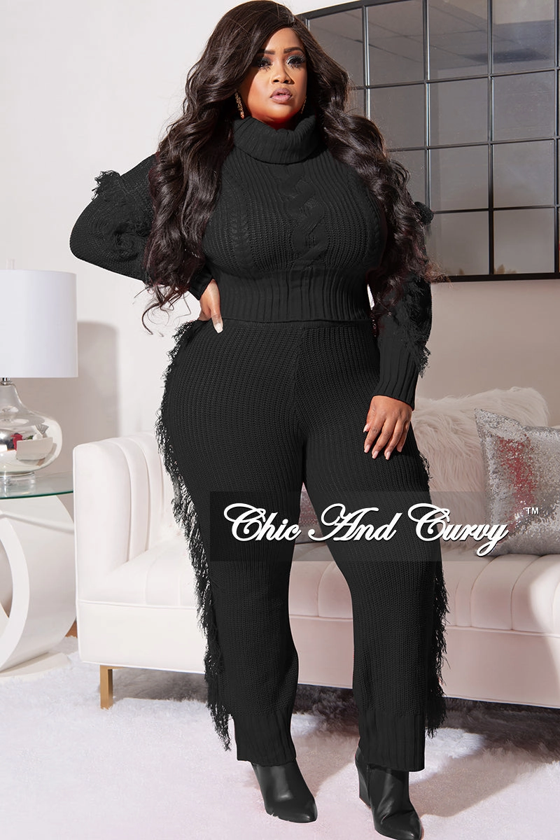 Final Sale Plus Size 2pc Fringe Sweater Pants Set in Black Outdoor Flex