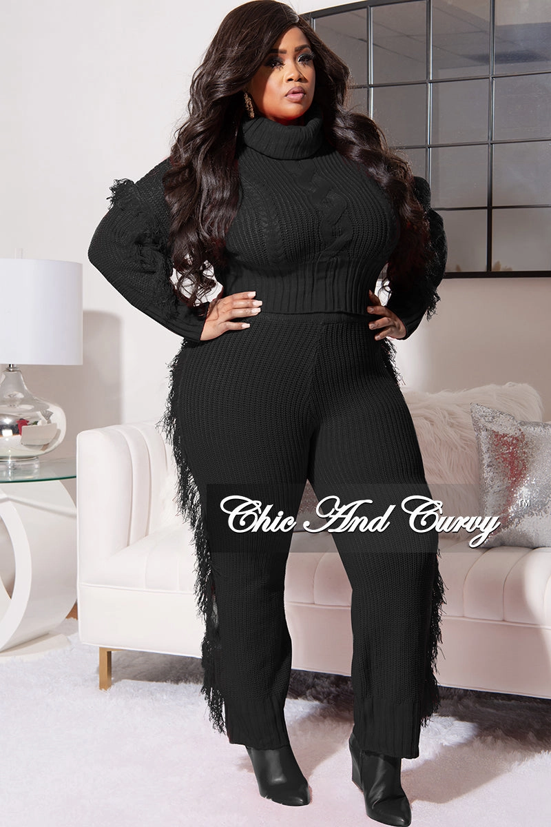 Modular Attachment Final Sale Plus Size 2pc Fringe Sweater Pants Set in Black