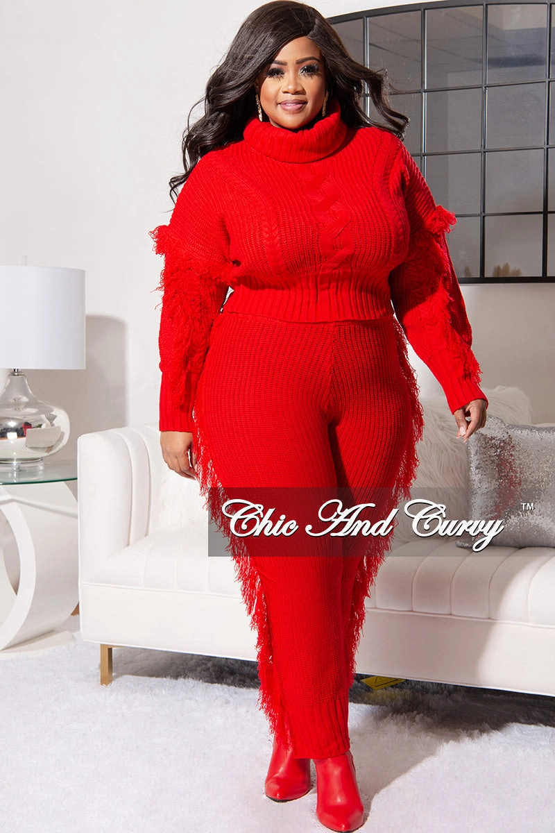 Final Sale Plus Size 2pc Fringe Sweater Pants Set in Red Thermal Regulating Fabric