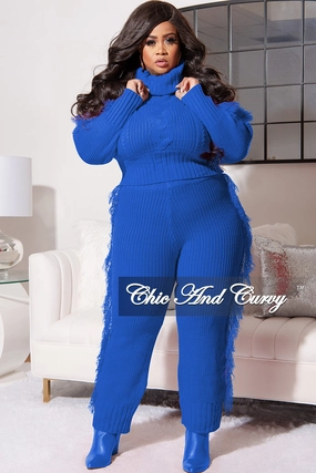 Final Sale Plus Size 2pc Fringe Sweater Pants Set in Royal Blue Softened Hem Tough Build