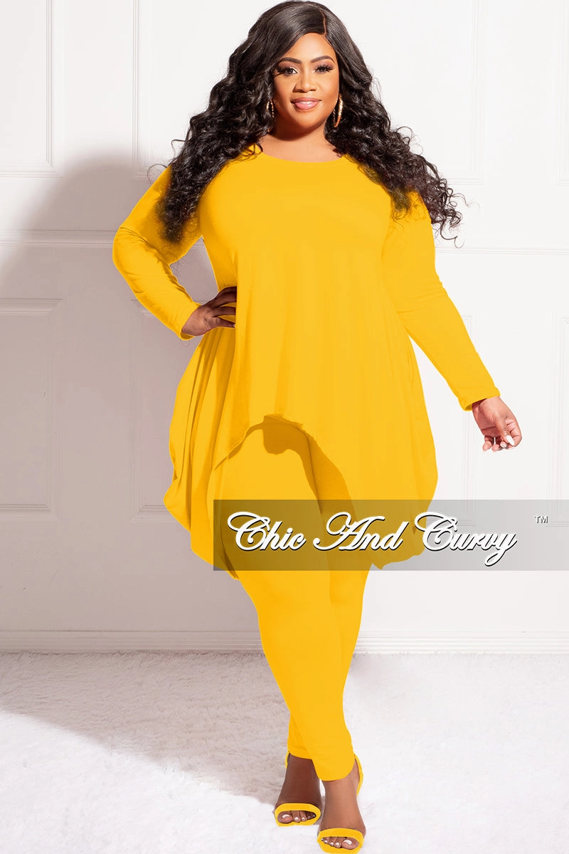 Final Sale Plus Size 2pc High Low Top and Leggings Set in Mustard Form Fit Comfort Ventilated Mesh Lining