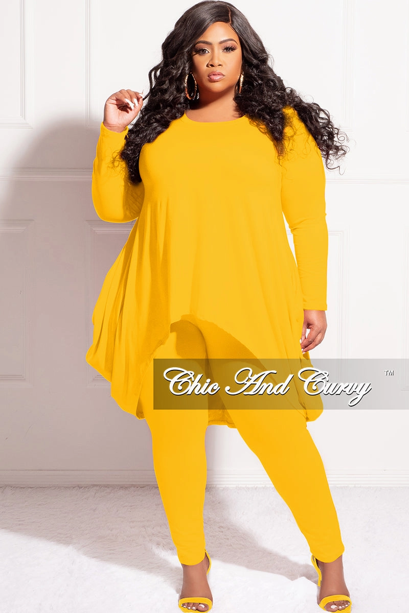 Final Sale Plus Size 2pc High Low Top and Leggings Set in Mustard Body-Hugging Fit Abrasion Resistant Panels