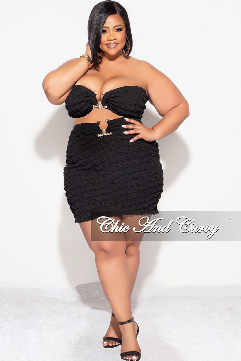 Final Sale Plus Size 2pc Honeycomb Texture Strapless Top and Skirt Set in Black RecycledPolyester Comfy Fit