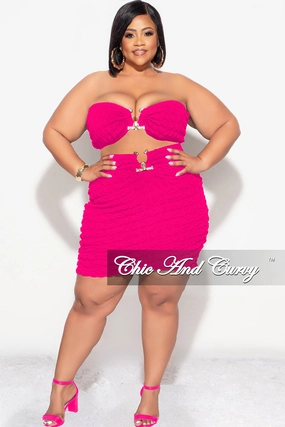 Final Sale Plus Size 2pc Honeycomb Texture Strapless Top and Skirt Set in Fuchsia Compression Support Lining NonIrritatingStitching
