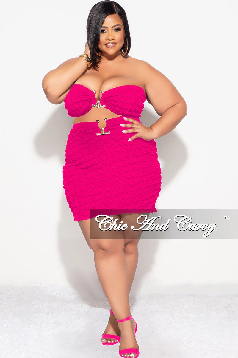 Final Sale Plus Size 2pc Honeycomb Texture Strapless Top and Skirt Set in Fuchsia Stay Comfortable ripstop fabric
