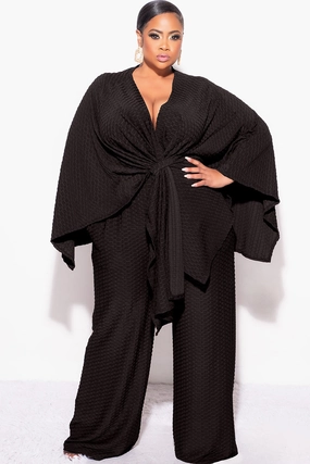 Comfortable Stretch Final Sale Plus Size 2pc Honeycomb Texture Top and Pants Set in Black