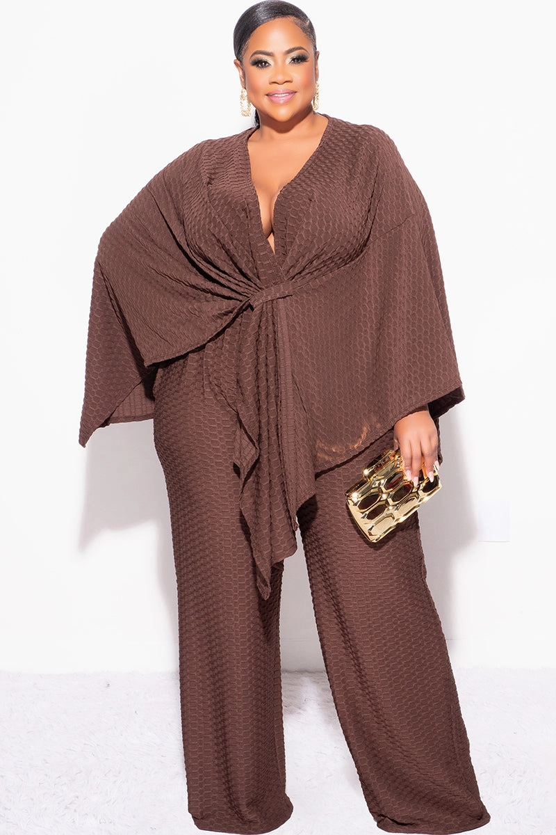 Final Sale Plus Size 2pc Honeycomb Texture Top and Pants Set in Brown Lightweight Fabric