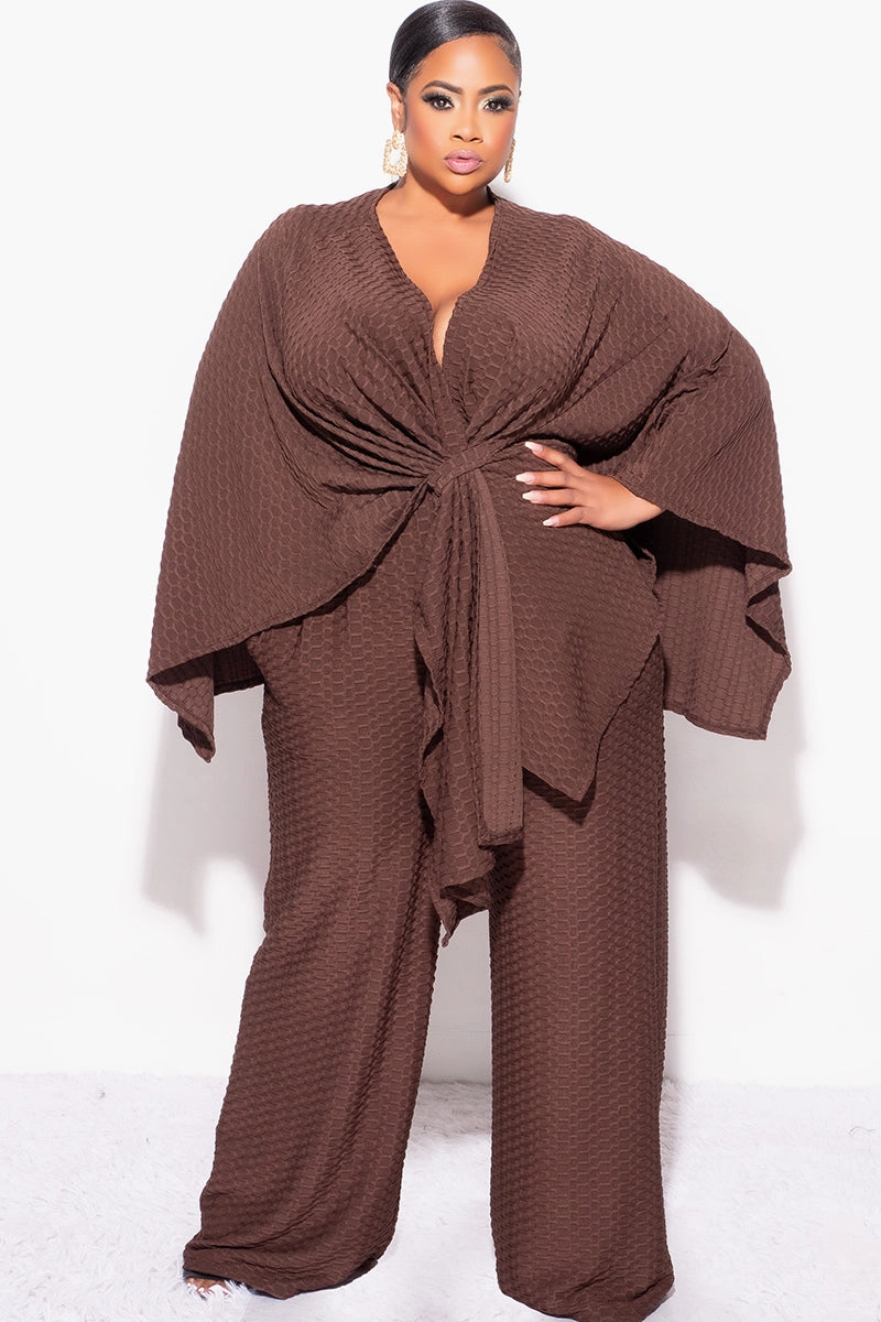 Gusseted Crotch Final Sale Plus Size 2pc Honeycomb Texture Top and Pants Set in Brown
