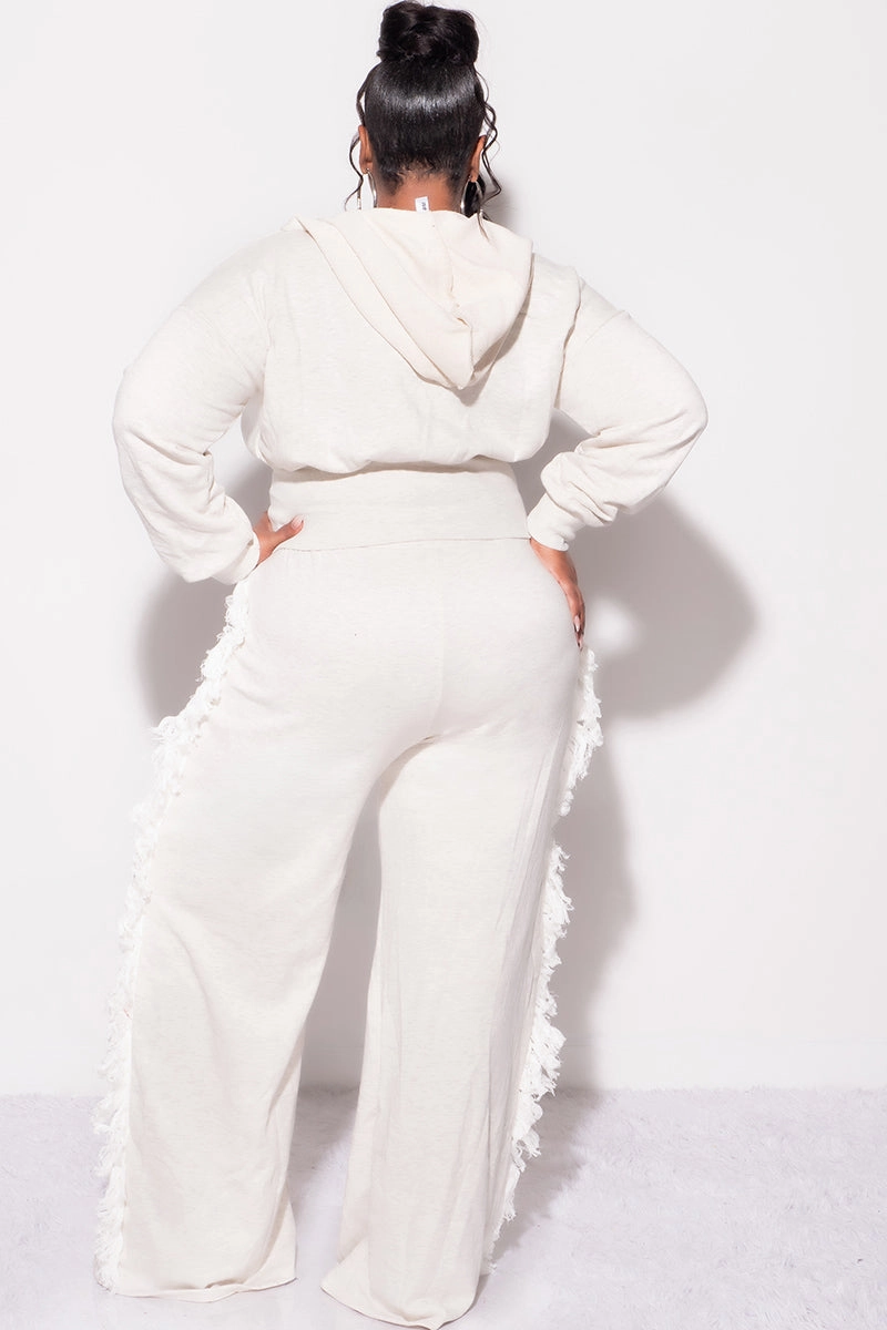 Final Sale Plus Size 2pc Hooded Tassel Pant Set in Ivory Grey Friction Resistant Fabric Odor Resistant
