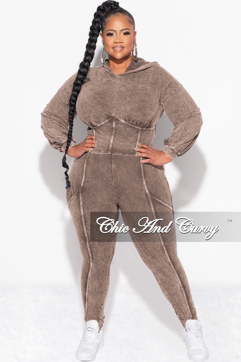 Soft Brushed Lining Quick Cool Final Sale Plus Size 2pc Hooded Top and Set in Brown