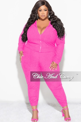 Final Sale Plus Size 2pc Hooded Zip-Up Jacket and Pants Set in Fuchsia Durable Hem
