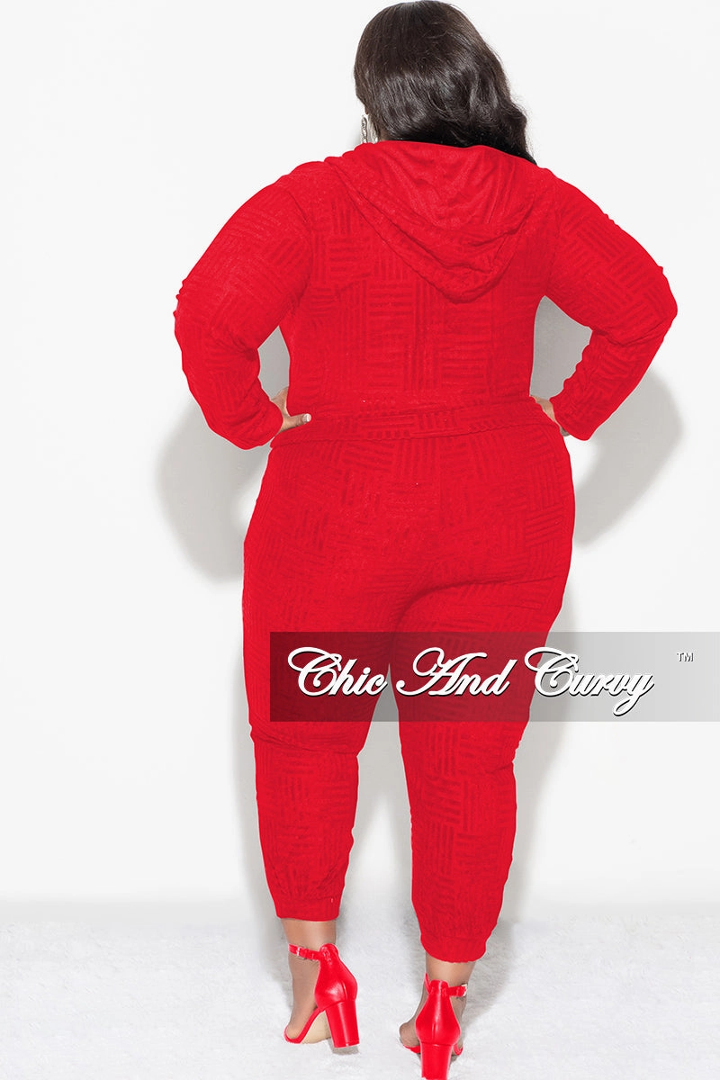 Comfy Movement Final Sale Plus Size 2pc Hooded Zip-Up Jacket and Pants Set in Red