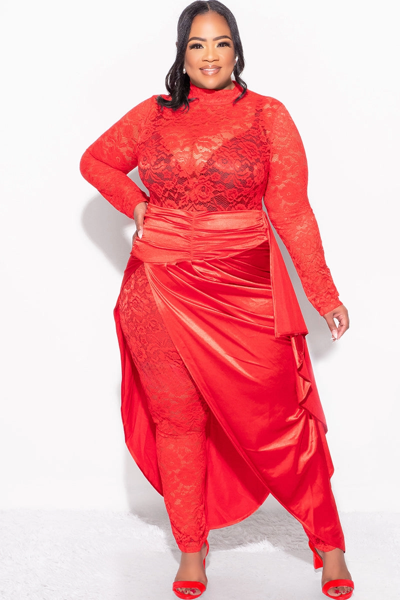 Final Sale Plus Size 2pc Lace Jumpsuit Set with Satin Skirt in Red Anti Cling Finish