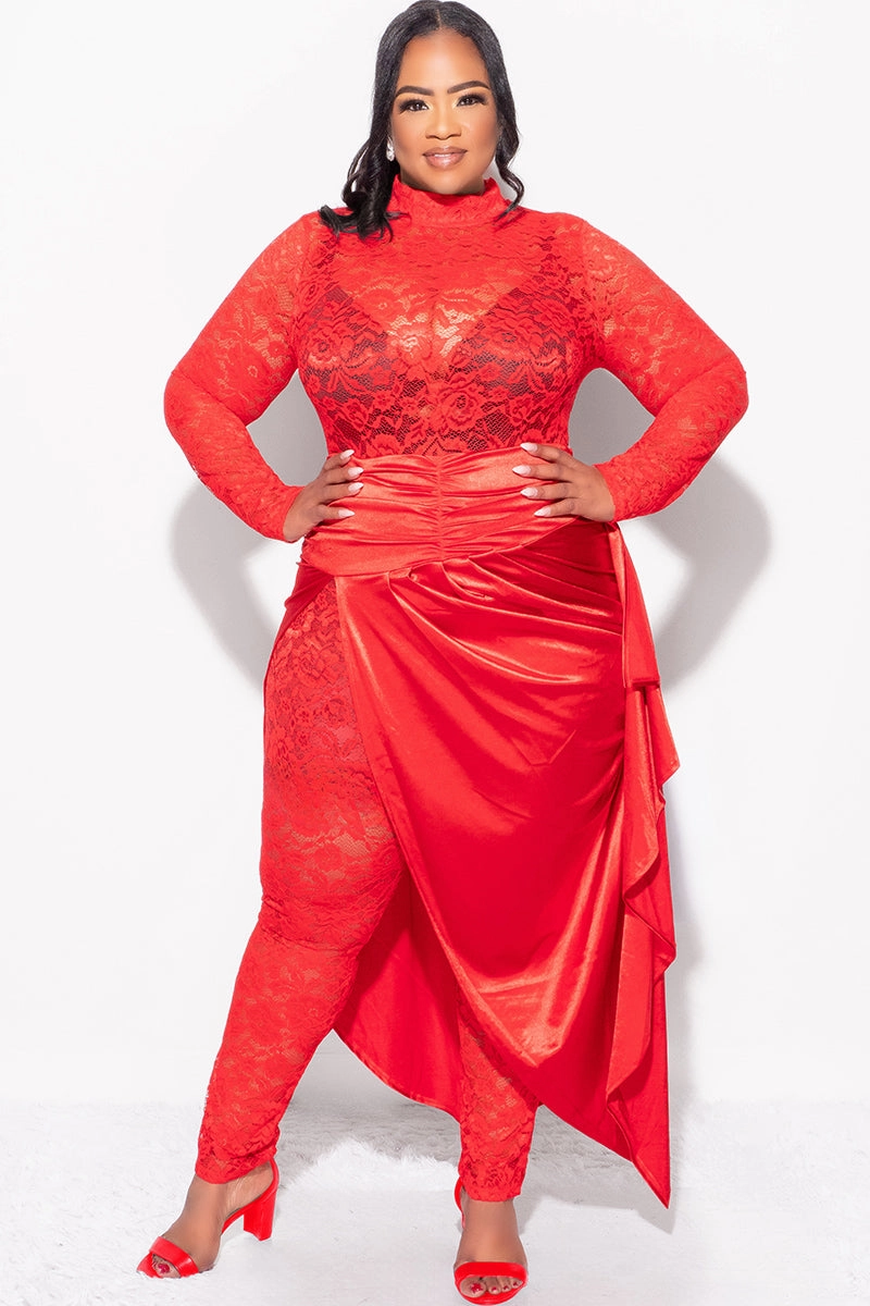 Final Sale Plus Size 2pc Lace Jumpsuit Set with Satin Skirt in Red On The Move
