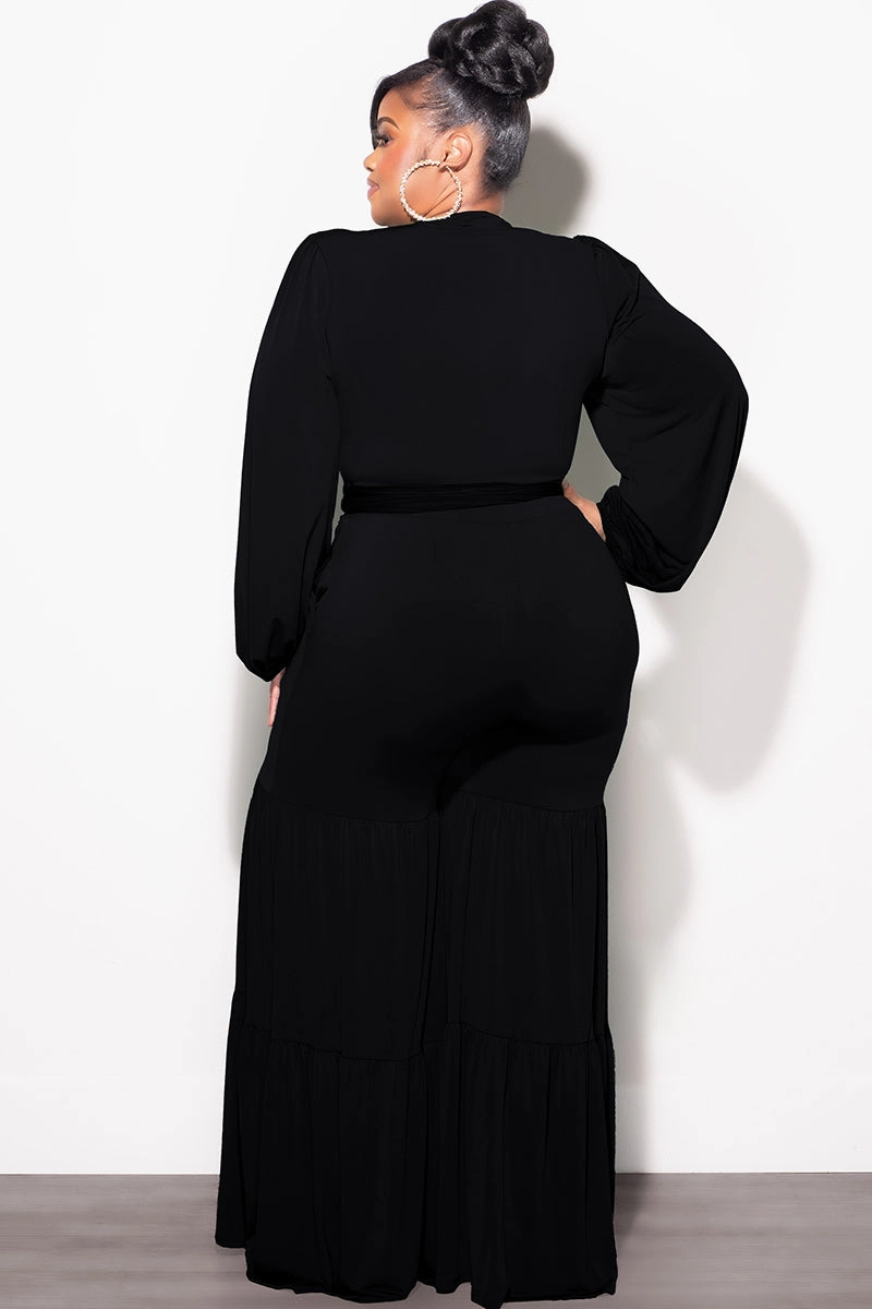 WrinkleFreeFinish Final Sale Plus Size 2pc Long Sleeve Crop Tie Top and 3-Layer Pants Set in Black