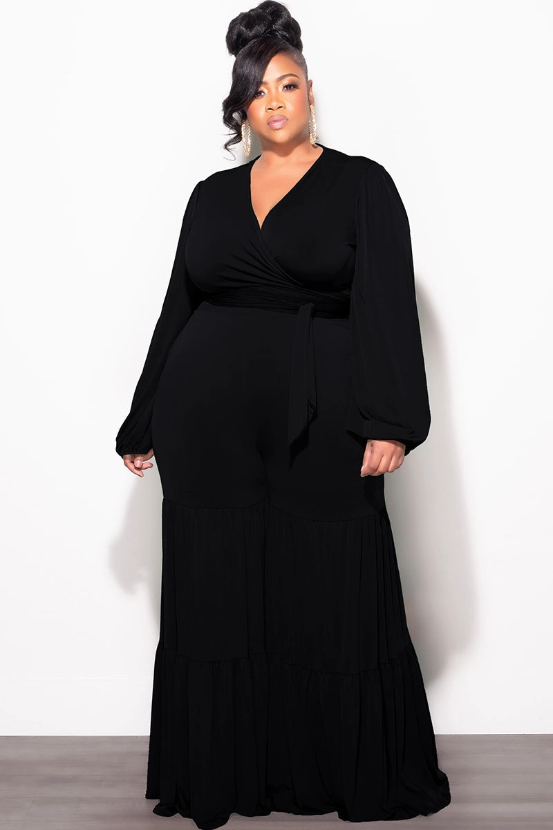 Active Motion Final Sale Plus Size 2pc Long Sleeve Crop Tie Top and 3-Layer Pants Set in Black