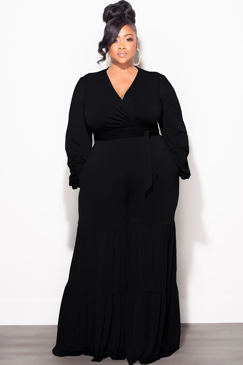 Final Sale Plus Size 2pc Long Sleeve Crop Tie Top and 3-Layer Pants Set in Black Perfect Comfort Minimal Vibe