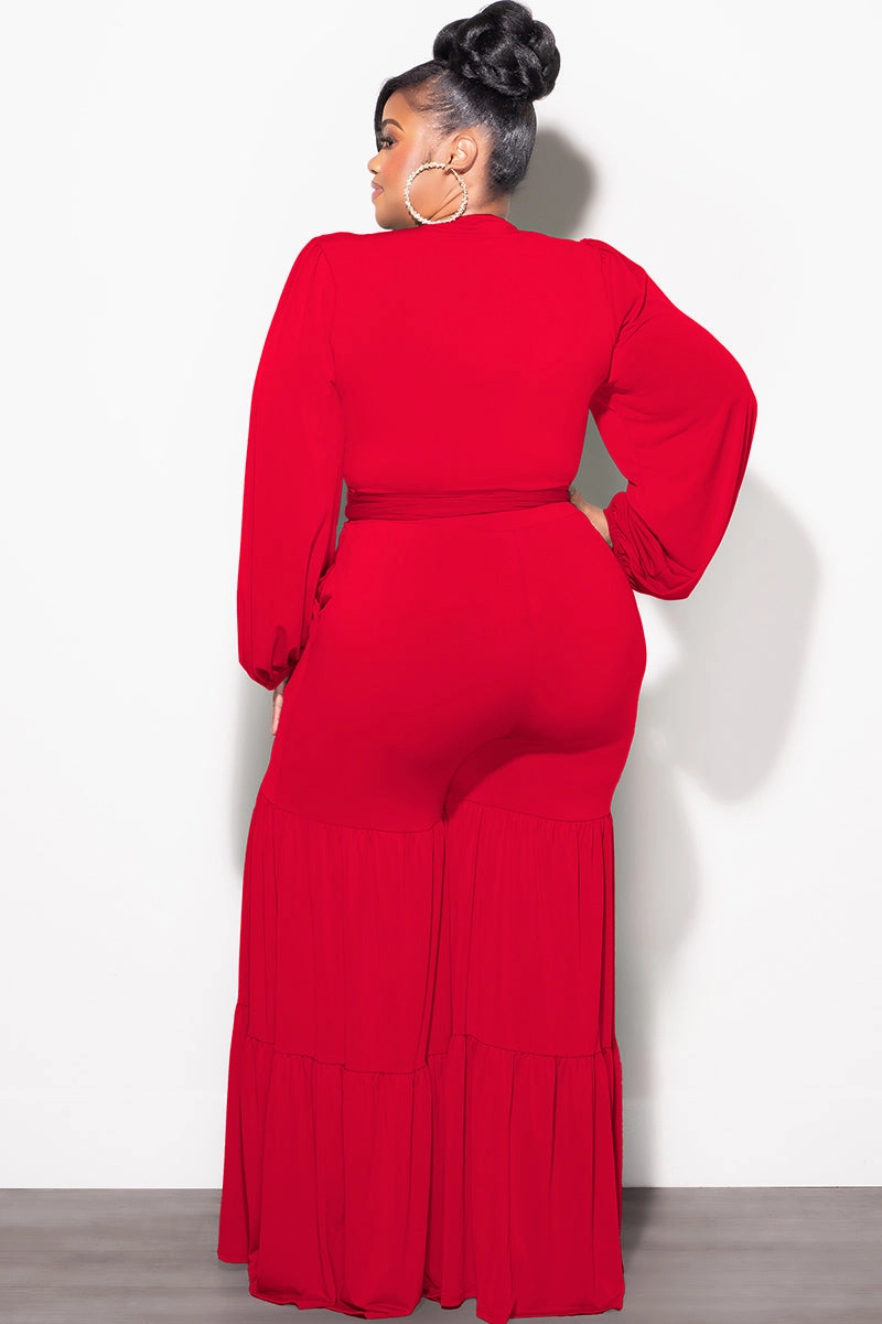 Slim Shape FlexFoamPadding Final Sale Plus Size 2pc Long Sleeve Crop Tie Top and 3-Layer Pants Set in Red