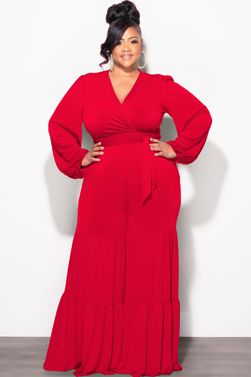 Final Sale Plus Size 2pc Long Sleeve Crop Tie Top and 3-Layer Pants Set in Red Relaxed Wear