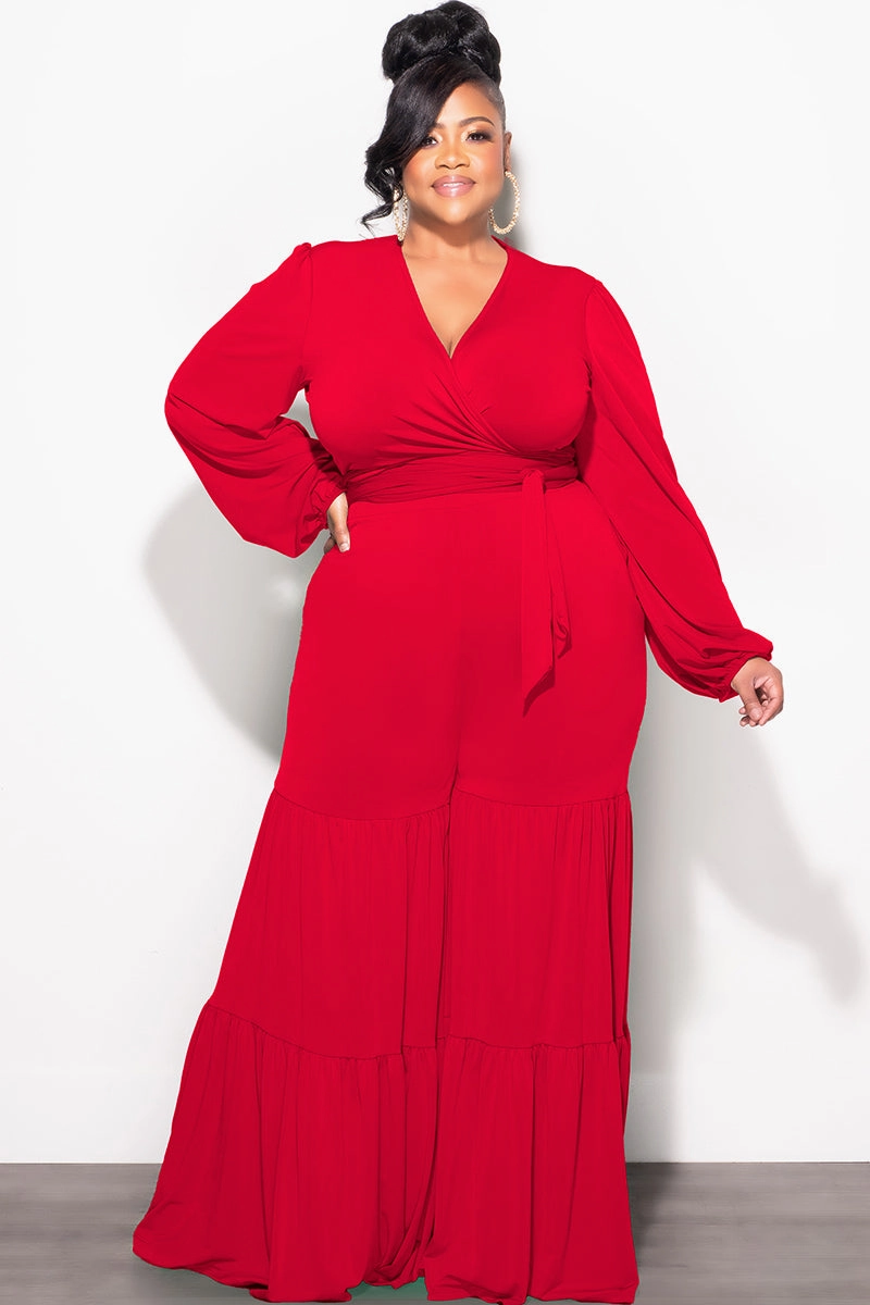 Final Sale Plus Size 2pc Long Sleeve Crop Tie Top and 3-Layer Pants Set in Red Thermal Lining Relaxed Style