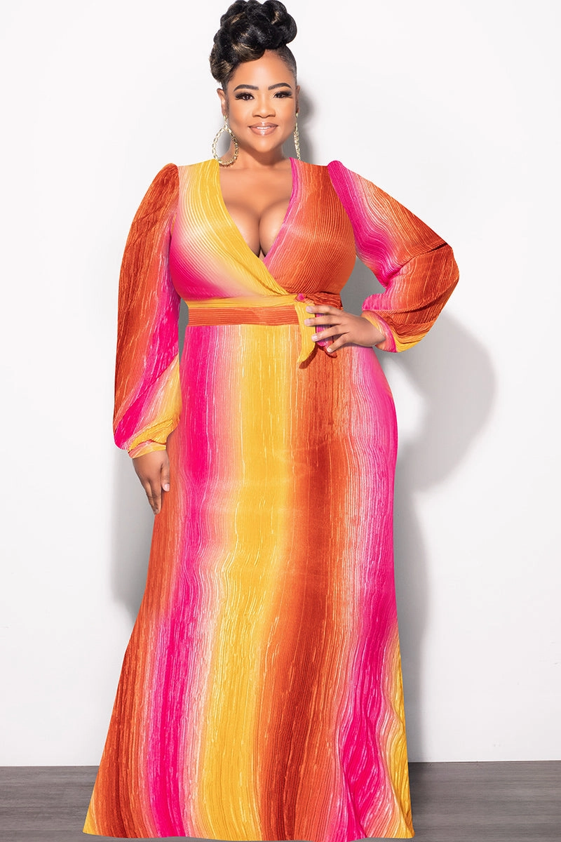 Final Sale Plus Size 2pc Long Sleeve Crop Tie Top and Skirt Set in Pleated Mustard & Fuchsia DoubleLayeredKnees Unrestricted Movement