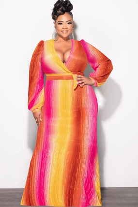 Final Sale Plus Size 2pc Long Sleeve Crop Tie Top and Skirt Set in Pleated Mustard & Fuchsia DoubleLayeredKnees Unrestricted Movement