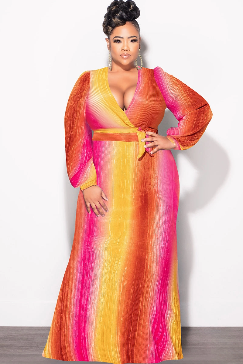 Final Sale Plus Size 2pc Long Sleeve Crop Tie Top and Skirt Set in Pleated Mustard & Fuchsia Perfectly Fit