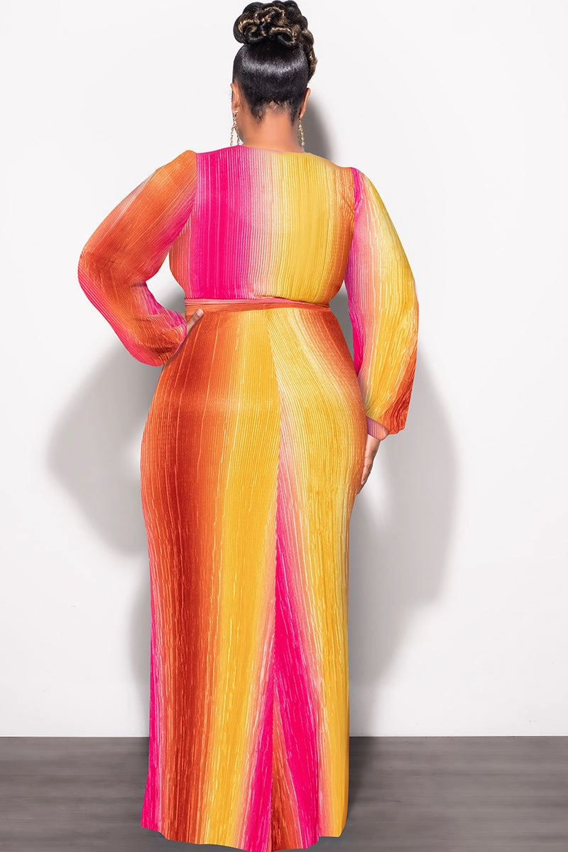 Final Sale Plus Size 2pc Long Sleeve Crop Tie Top and Skirt Set in Pleated Mustard & Fuchsia Flat Lock Stitching