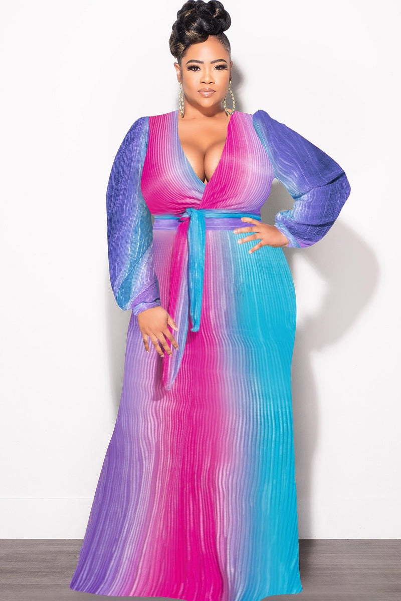 Flexible Leg Final Sale Plus Size 2pc Long Sleeve Crop Tie Top and Skirt Set in Pleated Purple Magenta and Turquoise