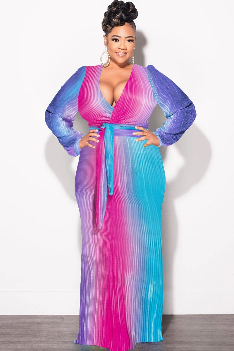 Low Maintenance Final Sale Plus Size 2pc Long Sleeve Crop Tie Top and Skirt Set in Pleated Purple Magenta and Turquoise