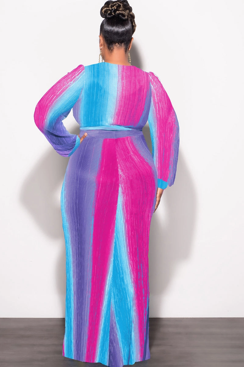 Flexible Waist Comfort Waist Final Sale Plus Size 2pc Long Sleeve Crop Tie Top and Skirt Set in Pleated Purple Magenta and Turquoise