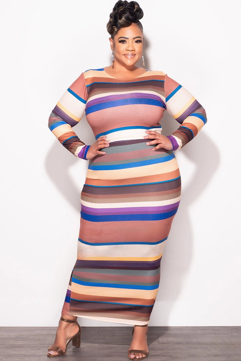 Final Sale Plus Size 2pc Long Sleeve Crop Top and Skirt Set in Multi Color Stripe Print Organic Cotton Blend