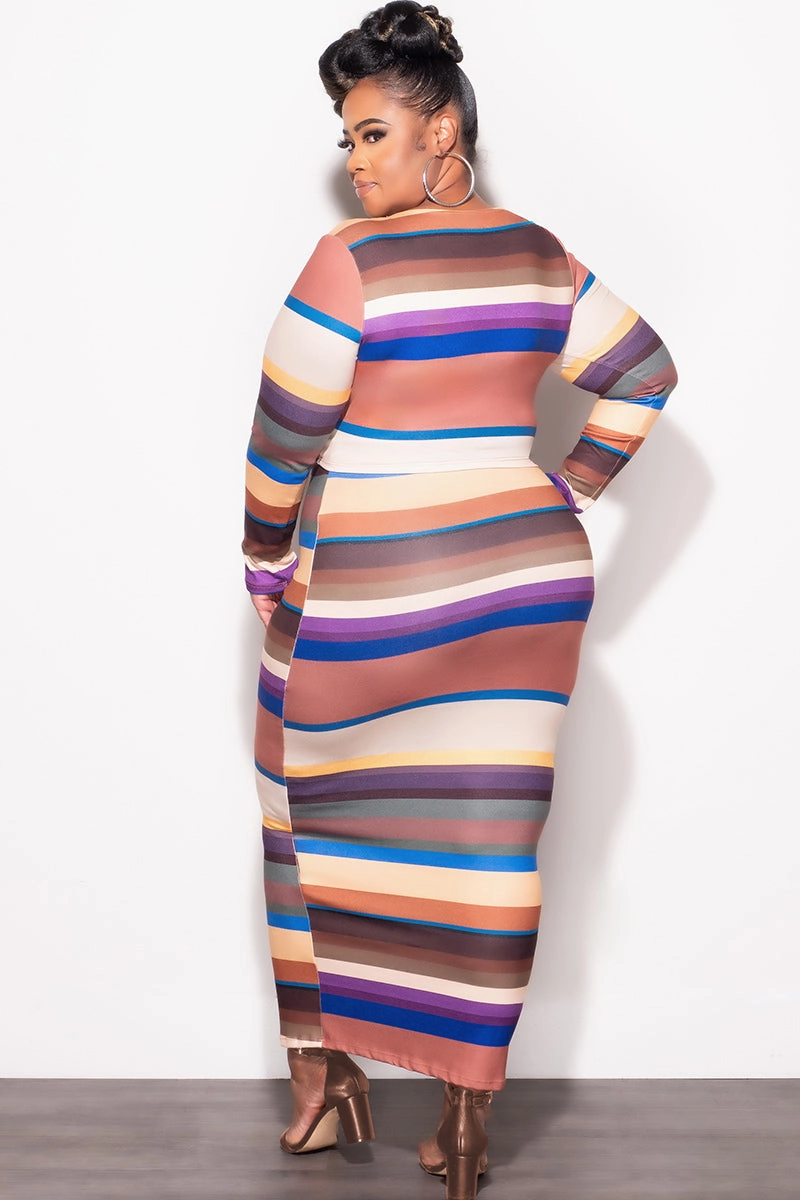 high waisted Final Sale Plus Size 2pc Long Sleeve Crop Top and Skirt Set in Multi Color Stripe Print
