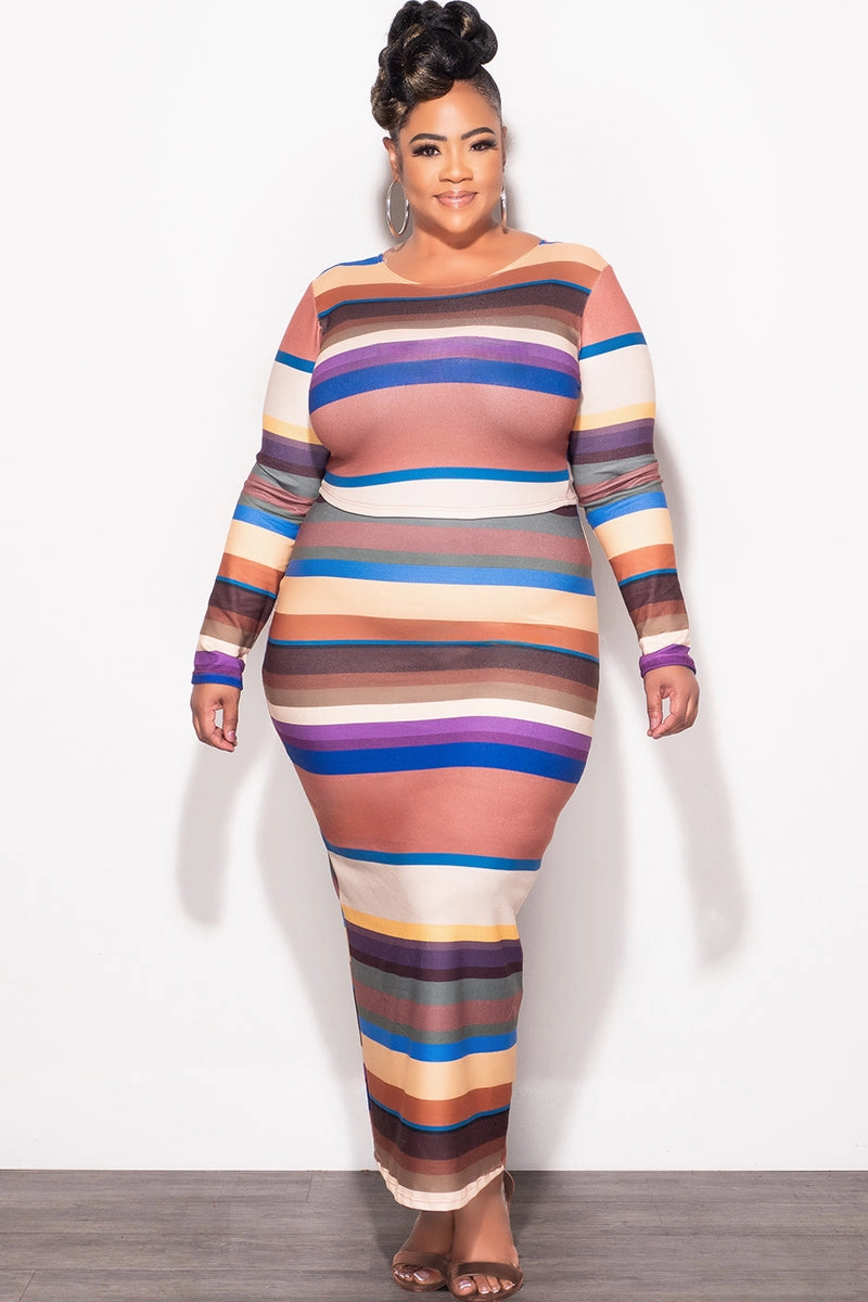 No Frills Fit Final Sale Plus Size 2pc Long Sleeve Crop Top and Skirt Set in Multi Color Stripe Print