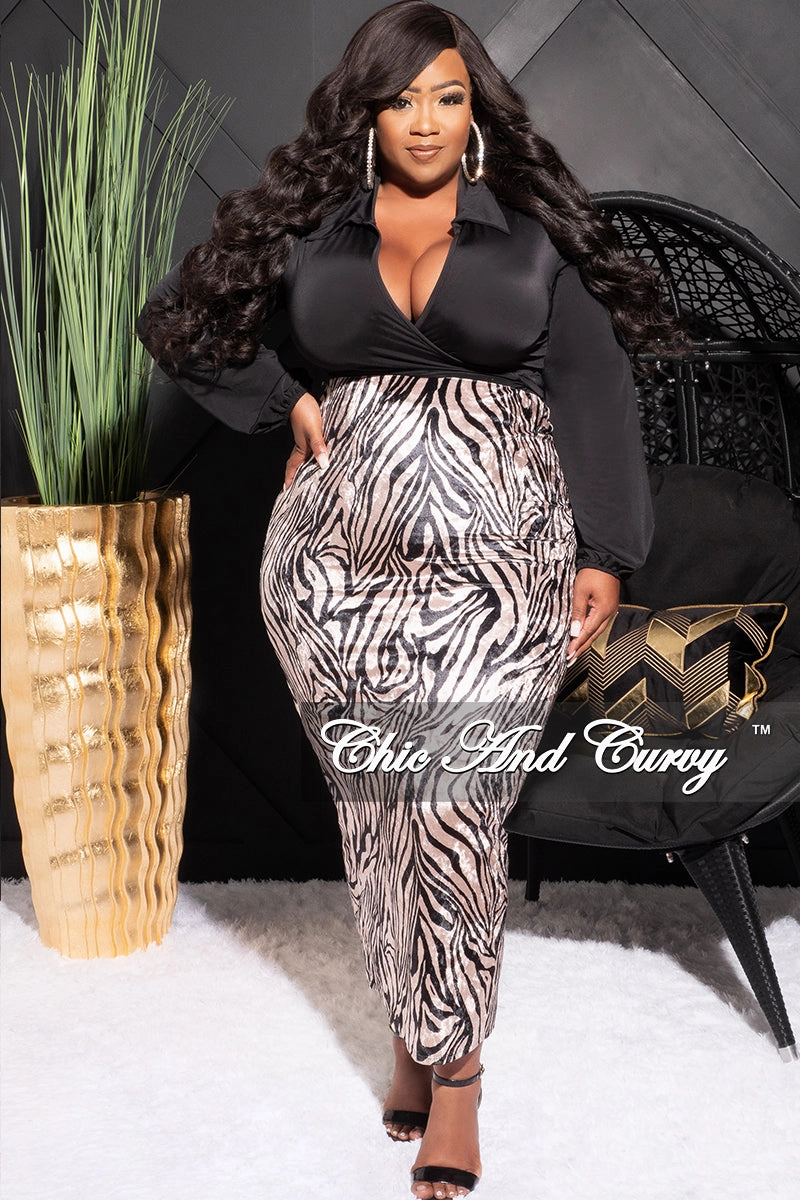 Active Look Final Sale Plus Size 2pc Long Sleeve Faux Wrap Collar Black Crop Tie Top and Skirt Set in Velvet Zebra Print